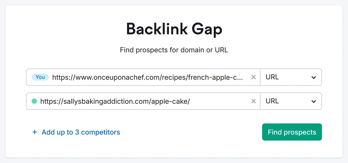 Backlink Gap tool comparing backlinks between competitors