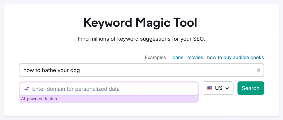Searching for a keyword in Semrush Keyword Magic Tool
