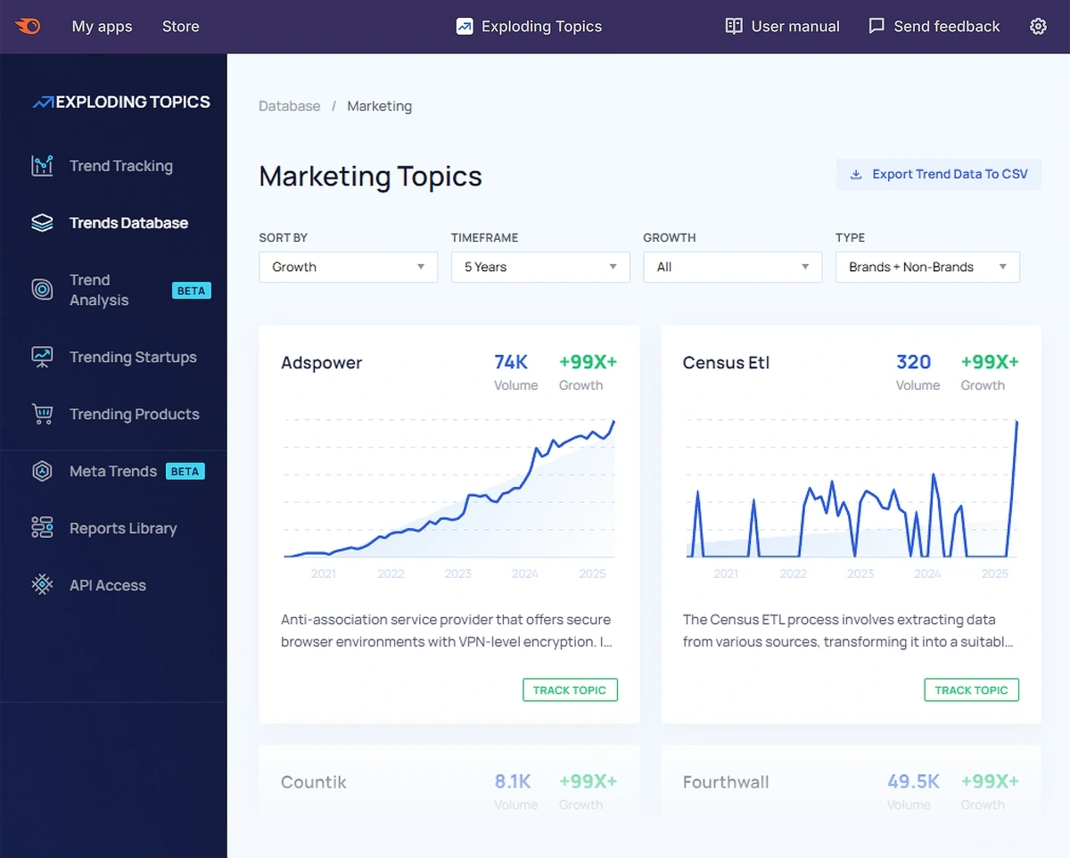 The Exploding Topics app for Semrush displays marketing charts and trends.
