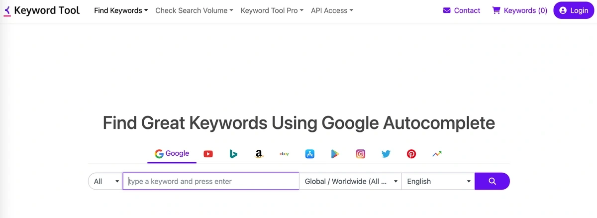 screenshot of Keyword Tool
