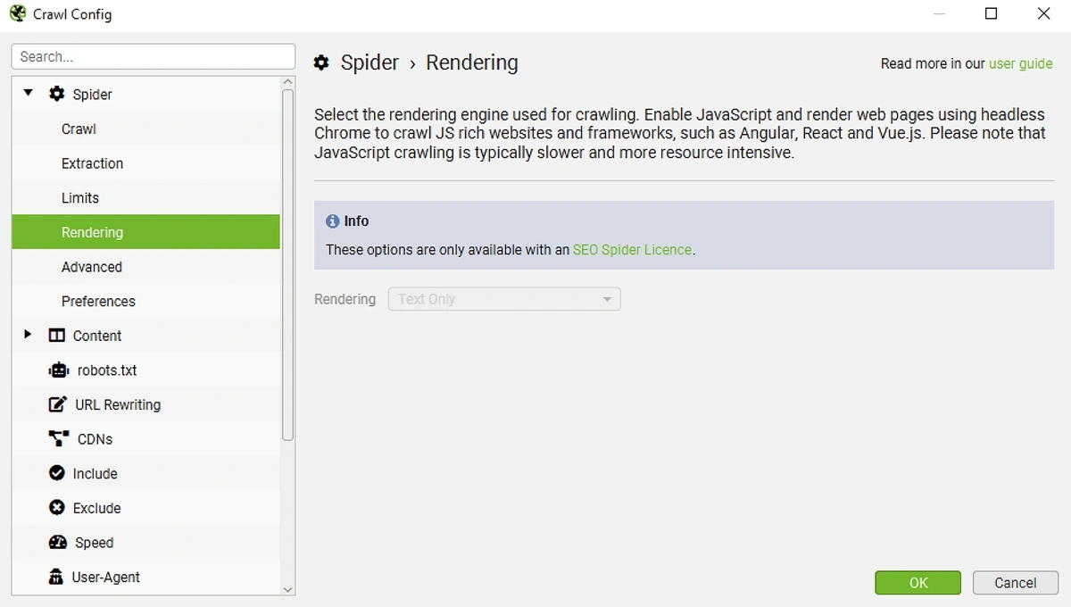 The Screaming Frog Crawl Config window.
